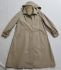 Vintage Womans Beige 14 Reg Long Trench Coat Hood Long Sleeves Buttons Lined VTG