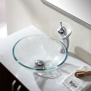 Bathroom Glass Vessel Sink Drain Faucet Clear Tempered Combo Basin Bowl Round