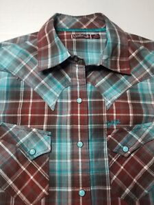 Cruel Girl Western Button Up Shirt Long Sleeve Brown/Blue Aqua Green Rodeo Shirt