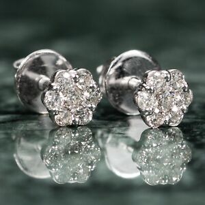 Small Unisex Solid 10k White Gold 0.38Ct Natural Diamond Cluster Stud Earrings