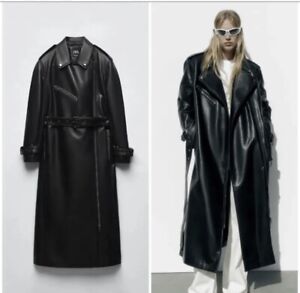 ZARA Black Long Faux Leather Biker Style Belted Trench Coat Size S 3427/734
