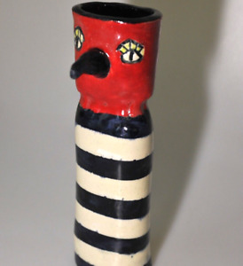New ListingSigned totem Pottery  Clay Vase bird Artisian face colorful  red blue nose H