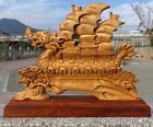 Cypress Wood Carved Dragon Sailing Boat Statue Shipment Blessing Feng Shui