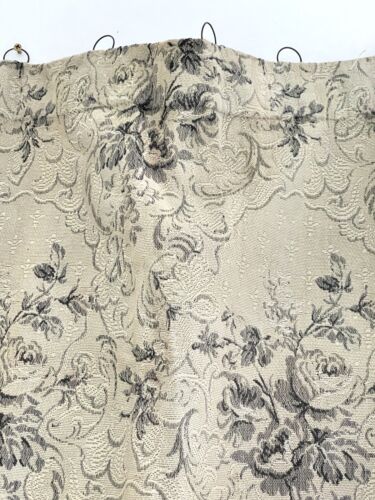 Antique French long DAMASK cotton FLORAL GREY beige CURTAIN drape c1910