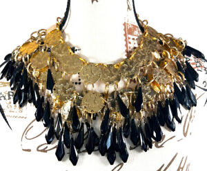 Vintage Hollywood Style Goldtone/Black Bead Statement Bib Necklace