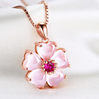 Cute Rose Gold Plated Flower Rose Quartz Gemstone Silver Women Necklace Pendants