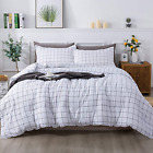 White Full Size Comforter Set, 3 Pieces Lightweight Grid Bedding Comforter Sets,