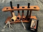New ListingFour Tobacco Pipes, Wooden Pipe Stand, Zippo Pipe Lighter & Tools