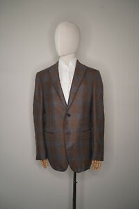 New ZILLI $5900 Brown Blue Check Leather Detail Cashmere Silk Jacket Blazer 60