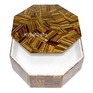 Octagon Marble Jewelry Box Tiger Eye Stone Overlay Work Office Accessories Box