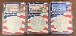 Lot Of 3- 2021 (P-W-S) American Silver Eagles- NGC- MS70- T1- ER- Flag Core