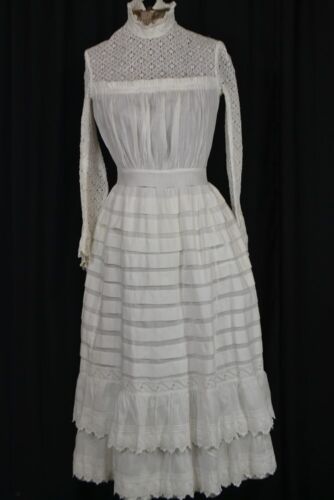antique dress Edwardian lawn/eyelet lace white bust 34 waist 24 original 1890