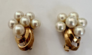 Vintage Solid 14K Yellow Gold White Sea Pearl Cluster Clip On Earrings
