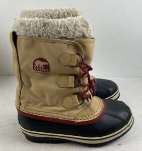 Sorel Unisex Yoot Pac Size 4 Tan & Red Nylon Waterproof Snow Boots
