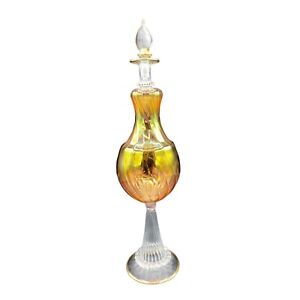 Large Vintage Egyptian Blown Glass Perfume Bottle Decanter Pink Iridescent Gold
