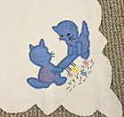 vintage hand appliqued square card table tablecloth blue kittens scalloped edge