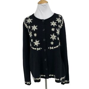 Vintage Orvis Lambswool Blend Cardigan Women's Size L Snowflakes Stitch Sweater