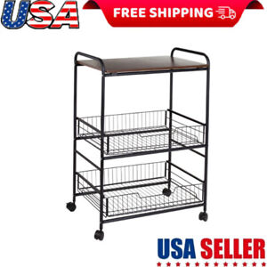 Rolling Cart Baskets Steel MDF Storage Organizer W/ 3-Tier Shelf Black Kitchen