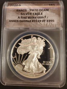 2020 S ANACS PF70 DCAM FIRST STRIKE SILVER EAGLE #0119 OF 1995 EAGLE HEAD S$1