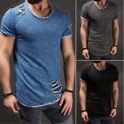 Men's Slim Fit O Neck Short Sleeve Muscle Tops Tee T-shirt Ripped Casual Blouse