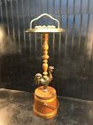 Vintage Mid Century Smoking Stand Butter Churn With Brass Rooster Glass Ashtray