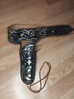 Vintage Leather Holster Gun Belt Hand Tooled Western Revolver Pistol Black (22)
