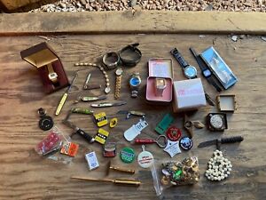 Vintage Antique Junk Drawer Lot Watches Pocket Knives Jewelry Collectibles Watch