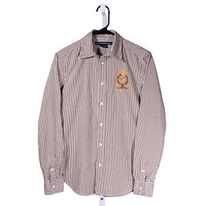 Ralph Lauren Sport Women's Shirt Button Up Brown White Striped Crest Logo Top 8