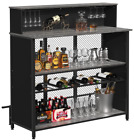 Home Mini Liquor Bar Rustic Gray Wood Standing Table with Storage and Footrest