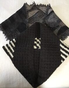 Unique Pancho Style Wool Blend Scarfs, Two Grays And Black White