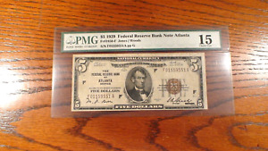 1929 PMG FINE 15 FIVE DOLLAR ATLANTA NATIONAL CURRENCY NOTE $5.00 BILL!