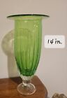 New ListingGreen Blown Bubble Glass ribbed Vase Clear Footed Pedestal Oblong Lipped 14 3/8”