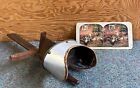Antique STEREOSCOPE 3D VIEWER Wooden Handheld + Card w/ CHICKENS