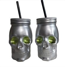 Skull Glass Mason Jar Lid Sipper Straw Halloween Head Pirate Beverage Beer 2 New
