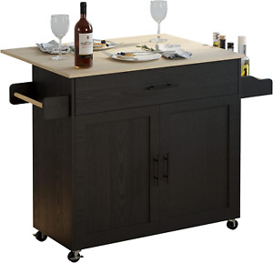 Rolling Kitchen Island Table on Wheels with Drop Leaf, Storage Cabinet, Drawer,