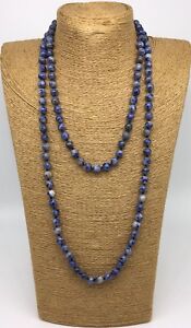 Free Shipping 8mm Long Knot Beads Blue sodalite Beads Necklace Handmade