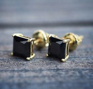 Small 14k Gold Plated Mens 925 Sterling Silver Hip Hop Black Onyx Stud Earrings