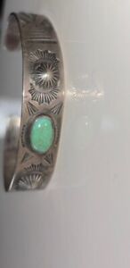 Vintage Navajo Old Pawn Sterling Silver  Turquoise Cuff Stamped Bracelet 6.5”