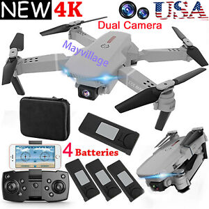 4k HD Wide Angle Dual Camera Rc Drone Foldable FPV WiFi Quadcopter + 4 Batteries