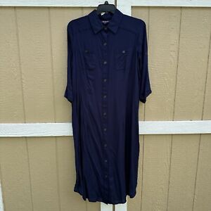 Roaman’s Navy Midi Button Shirt Dress Women’s Plus Size 18W Rayon Tabbed Sleeves