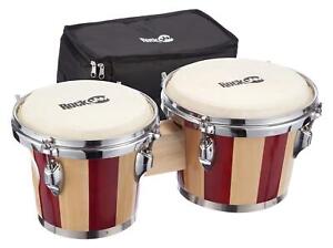 7 and 8 Bongo Drum Set with Padded Bag and Tuning Key Red and Natural Stripe