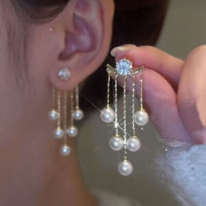 925 Silver Plated Pearl Ear Drop Women Stud Earrings Jewelry Simulated