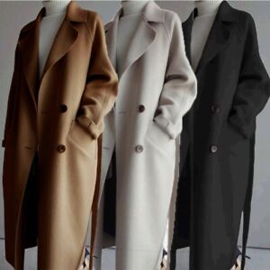 Womens Parka Jacket Cashmere Wool Outwear Blend Belt Oversize Lapel Trench Coat