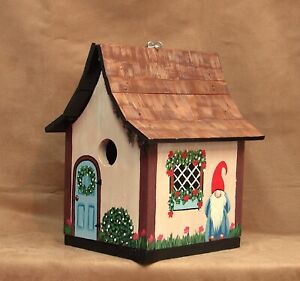 Handcrafted Hand Painted Birdhouse Wooden Gnome Cottage