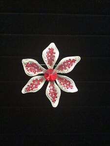 Silver Flower Pin/Brooch With Red AB Rhinestones 3” wide
