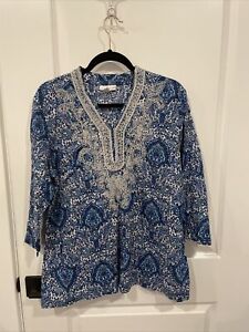 Charter Club Women’s Blue Boho Paisley Silver Embroidery Cotton Top Tunic XL