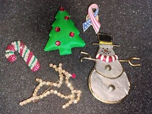 Vintage Christmas Brooch Pin Tack/Lapel/Hat Pin Rhinestone Mixed Lot of 5