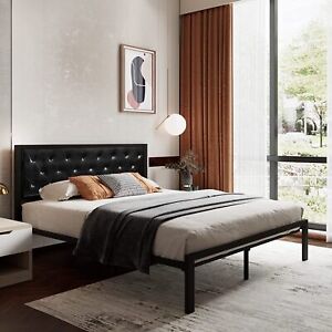 King Size Bed Frame with Faux Leather Upholstered Button Tufted Headboard/ Black
