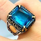 Square Blue Simulated Aquamarine Ring Mens, 925K Sterling Silver, Men's Jewelry