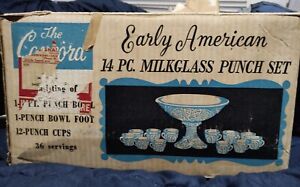 VINTAGE MILK GLASS PUNCH BOWL SET NOS EARLY AMERICAN 14 PC. CONCORD